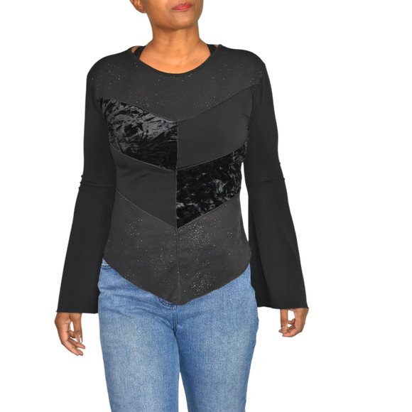 Vintage Ludmilla Bell Sleeve Top Black Velvet Sparkle Y2K France Patchwork Small - Picture 12 of 16